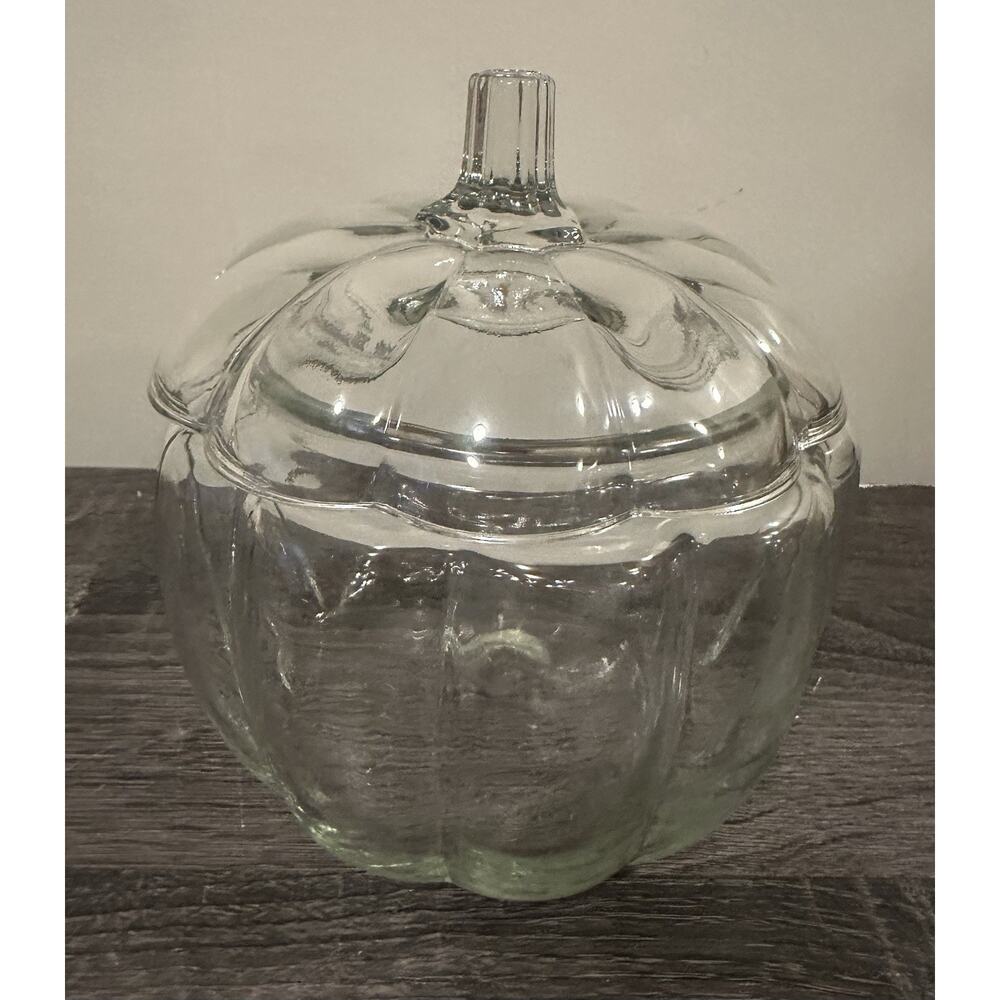 Vintage Anchor Hocking Clear Glass Pumpkin Candy/Cookie Jar With Lid